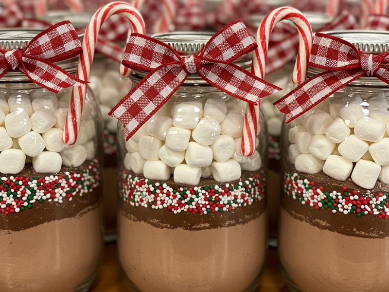 diy holiday gifts: homemade hot chocolate kits in mason jars with candy canes, marshmallows, sprinkles, and festive ribbons