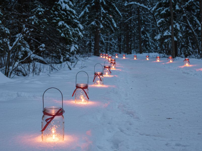 outdoor holiday decorations: a snow-covered path lined with mason jar lanterns glowing with warm candlelight for the holidays