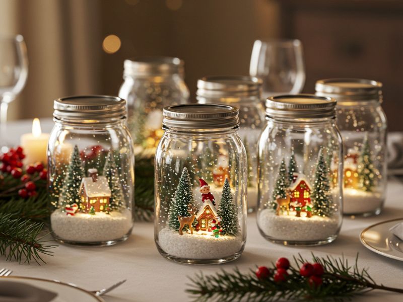 holiday diy projects: glowing mason jar snow globes featuring miniature winter scenes