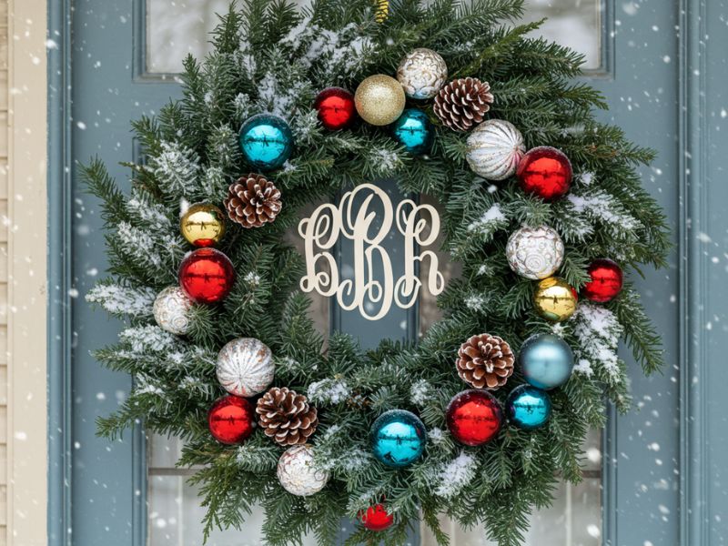 winter crafts: a personalized winter wreath adorned with ornaments and pinecones for door decor