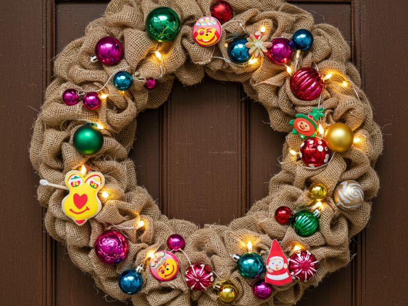 diy christmas wreaths: burlap wreath adorned with colorful ornaments and fairy lights, ideal for creative diy christmas wreaths