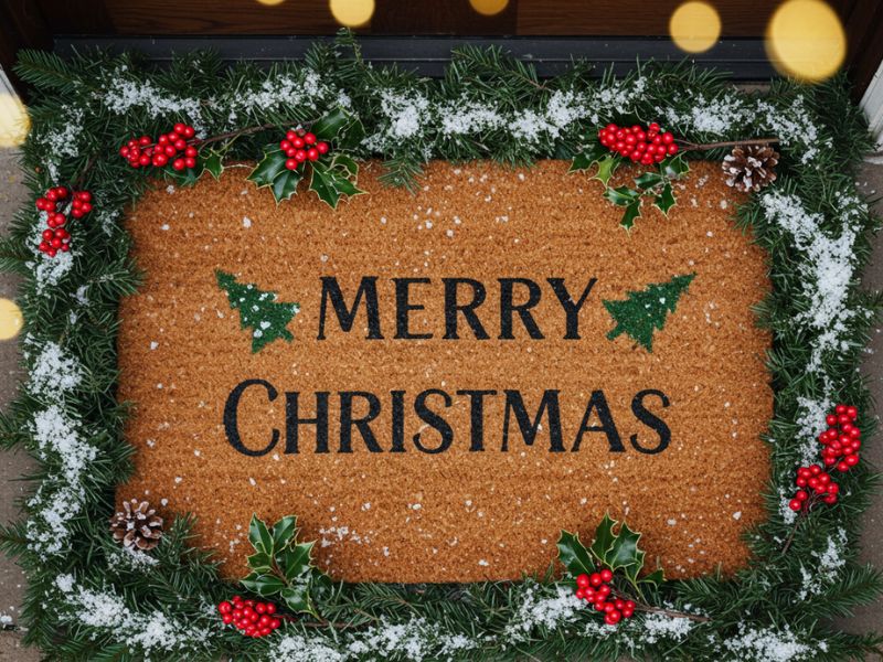 outdoor holiday decorations: a festive doormat with snow-dusted greenery, red berries, and “merry christmas” written in black