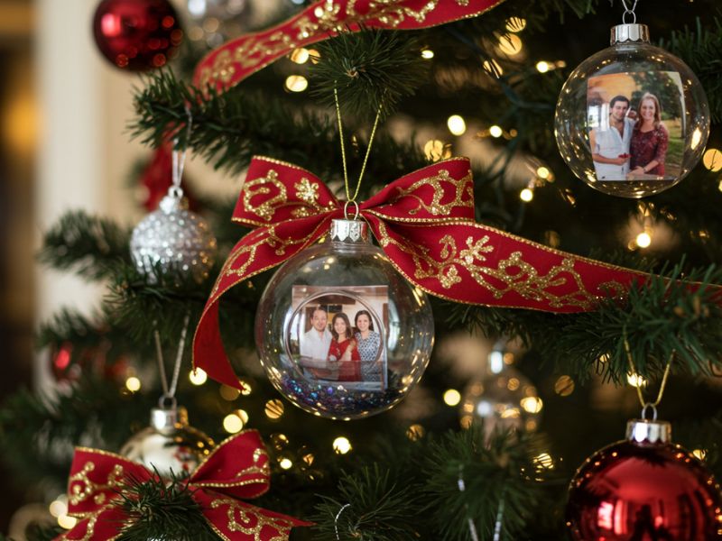 diy holiday gifts: personalized photo ornaments on a christmas tree with red bows and sparkling lights in the background