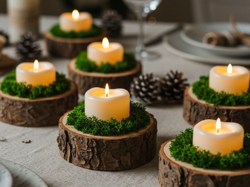 winter crafts: rustic candle holders made from wood slices and moss for cozy table settings