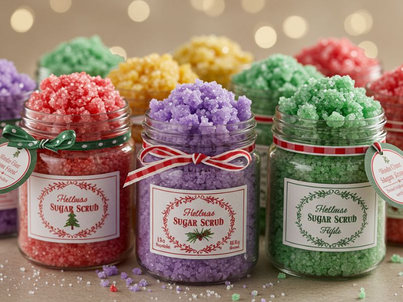 diy holiday gifts: vibrant sugar scrubs in jars with festive labels, colorful bows, and sparkling sugar crystals in various hues