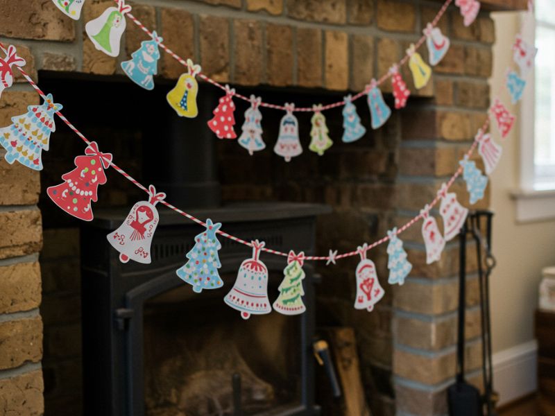 holiday diy projects: vibrant paper holiday garland with bell and tree designs