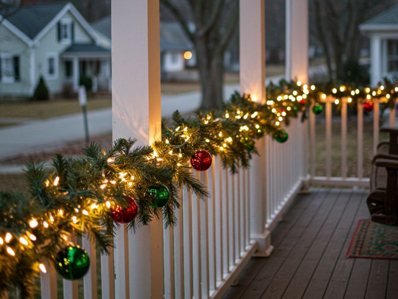 outdoor holiday decorations: a porch railing decorated with lush garlands, red and green ornaments, and twinkling holiday lights