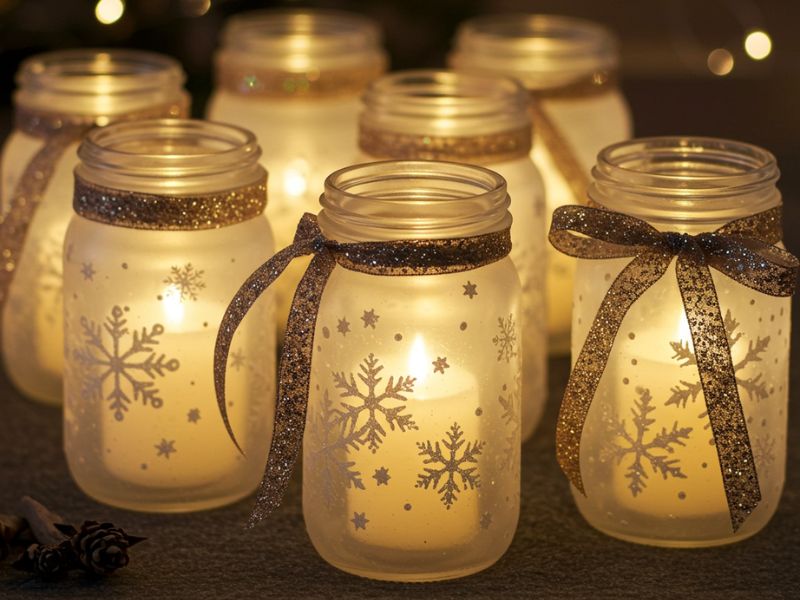 winter crafts: frosted mason jar lanterns with snowflake designs and glittery ribbons