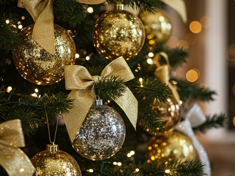 christmas ornament: glittery ball ornaments with gold bows adorning a tree, creating an elegant christmas display