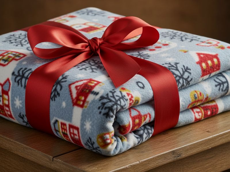 diy holiday gifts: a cozy no-sew fleece blanket wrapped in a festive red satin ribbon