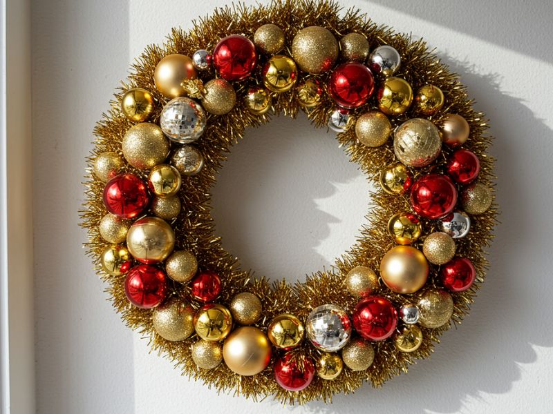 diy christmas wreaths: tinsel and bauble wreath featuring gold and red ornaments for a sparkling diy christmas wreath project