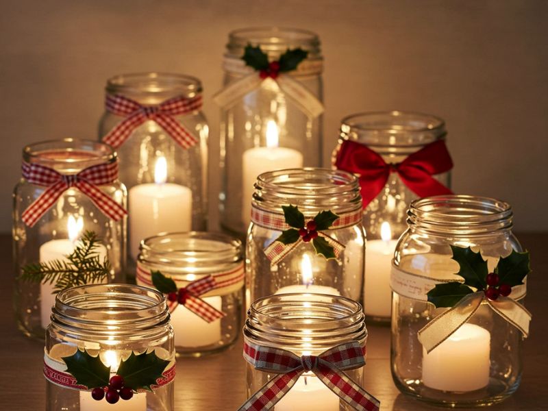 holiday diy projects: mason jar candle holders with holly and bows, creating warm ambiance