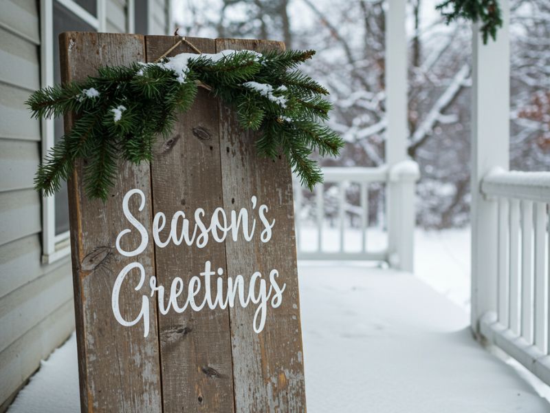 outdoor holiday decorations: a rustic wooden sign with “season’s greetings” painted in white, adorned with a sprig of greenery and snow