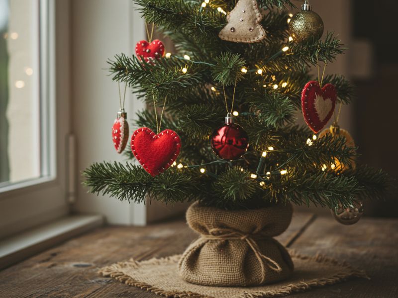 holiday diy projects: mini burlap-wrapped Christmas tree with red heart ornaments