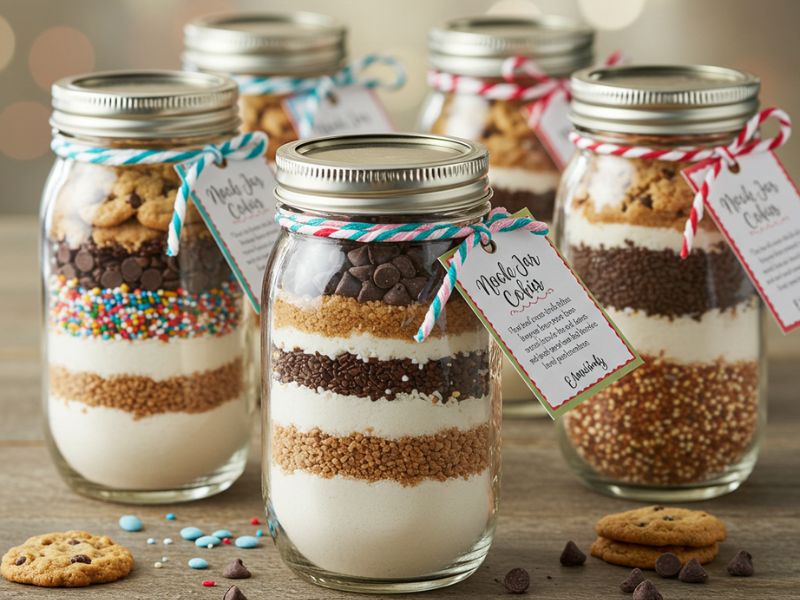 diy holiday gifts: mason jar cookie mixes with layered ingredients, festive tags, and colorful strings