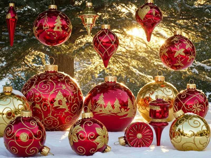 outdoor holiday decorations: oversized red and gold ornaments placed outdoors, catching sunlight with intricate festive designs