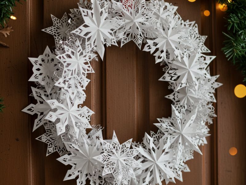 diy christmas wreaths: paper snowflake wreath in white, adding an elegant and frosty touch to holiday decor