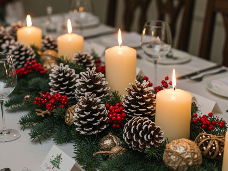 winter crafts: a snowy pinecone centerpiece with candles and berries for elegant table decor