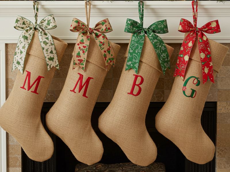 holiday diy projects: burlap Christmas stockings with monogram initials and bows