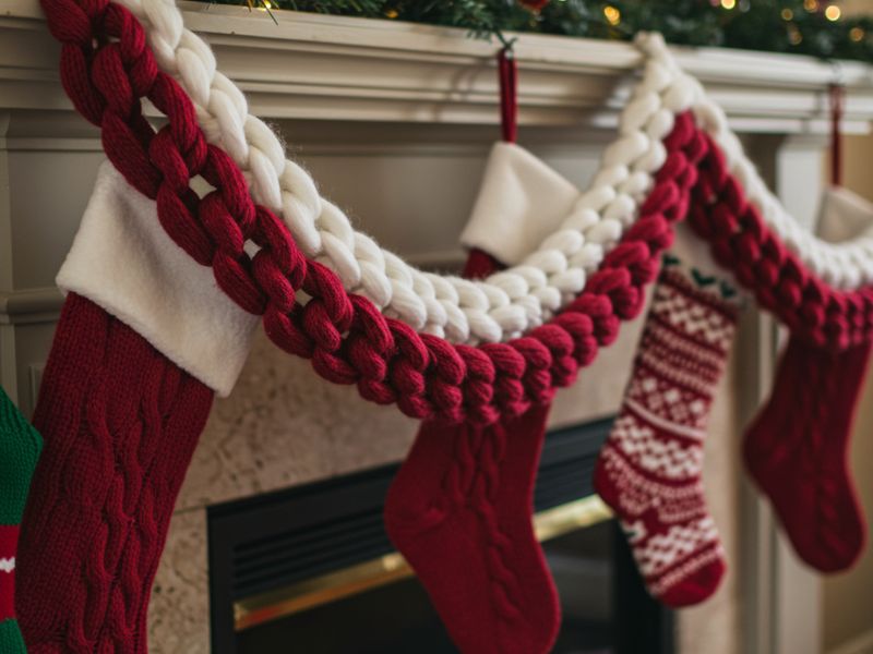 winter crafts: diy knit garland in red and white draped over a festive fireplace mantel