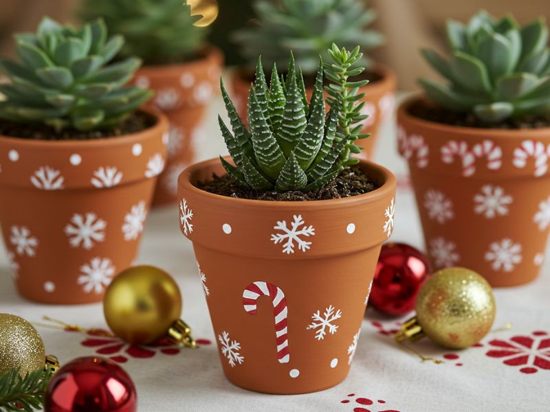 diy holiday gifts: hand-painted plant pots with festive candy cane and snowflake designs