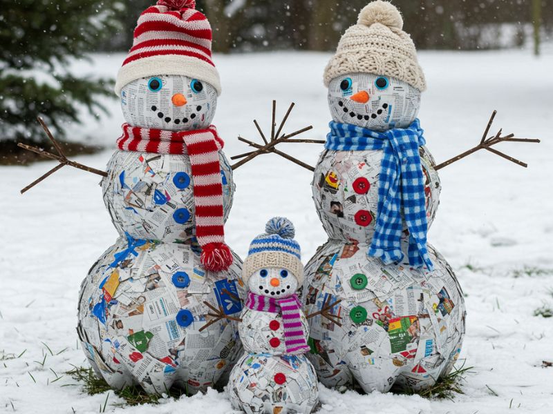 outdoor holiday decorations: a snowman family made from recycled materials, with colorful scarves and hats, standing in a snowy yard