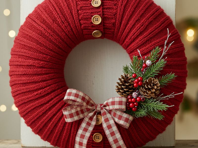 diy christmas wreaths: upcycled red sweater wreath with buttons, pinecones, and a gingham bow for a cozy handmade project