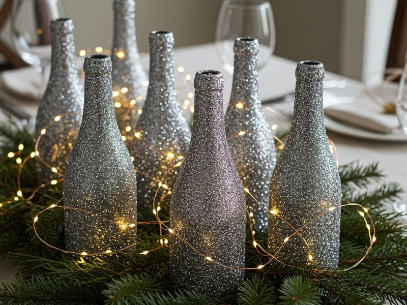 holiday diy projects: glittery wine bottles with twinkling lights