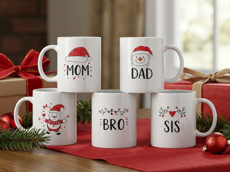 diy holiday gifts: customizable holiday-themed coffee mugs surrounded by festive holiday decor