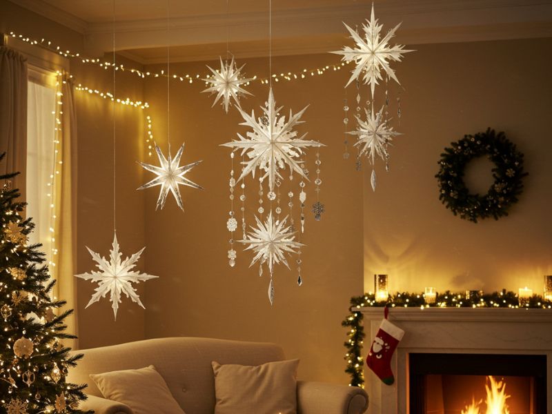 holiday diy projects: sparkling white snowflake mobiles in a cozy living room, creating magical decor