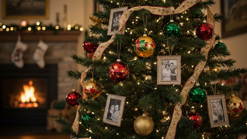 christmas ornament: festive christmas tree decorated with colorful baubles, ribbon, and framed photo ornaments