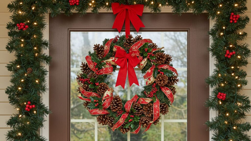 diy christmas wreaths: festive pinecone and ribbon wreath with red berries and a bow, framed by lit greenery garland on a front door