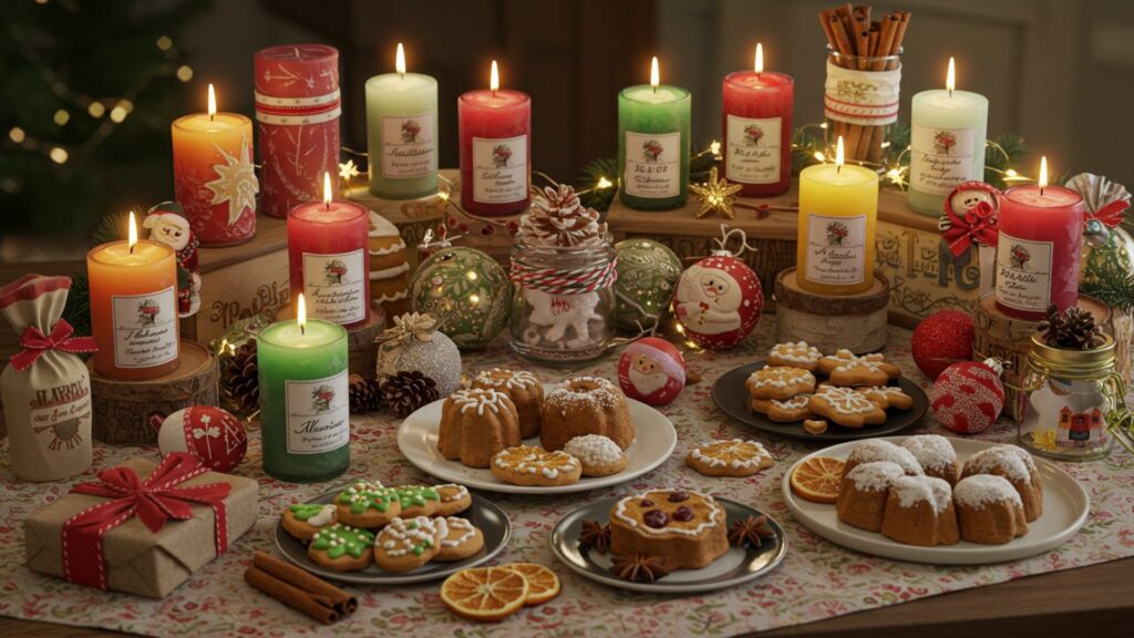 diy holiday gifts: a festive table setup with candles, gingerbread cookies, holiday ornaments, and wrapped presents