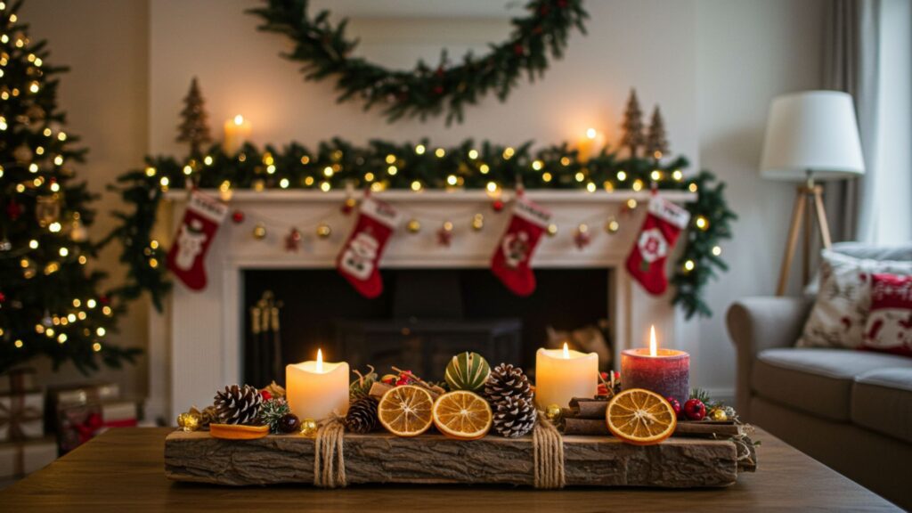 holiday diy projects: cozy holiday living room featuring a handmade centerpiece with candles, dried oranges, and pinecones