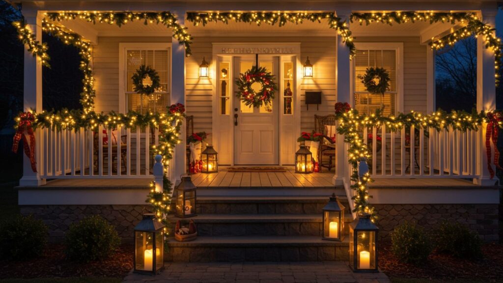 outdoor holiday decorations: a cozy front porch adorned with garlands, twinkling lights, wreaths, lanterns, and festive bows