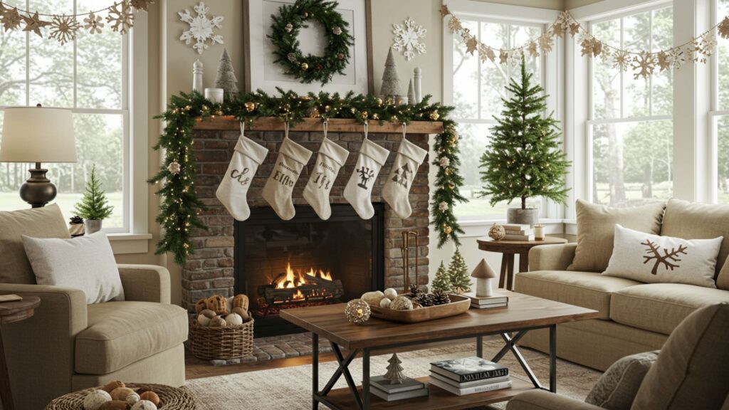 winter crafts: cozy living room with a festive fireplace, stockings, garland, and a christmas tree for holiday charm